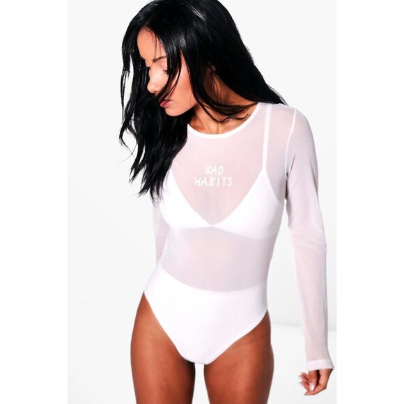 NWT Boohoo Women's Jessica “Bad Habits”Mesh Long Sleeve Bodysuit - Picture 1 of 5